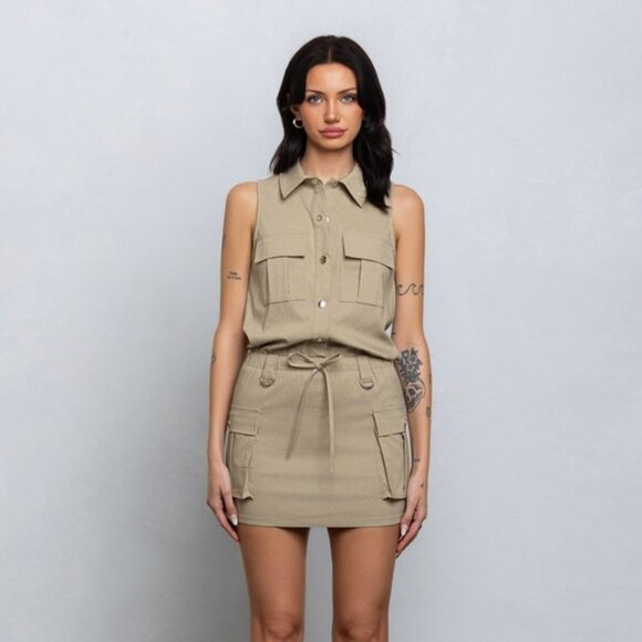 Woven Button Down Cargo Dress in Tan - Picture 1 of 3